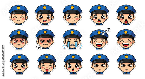 Cute Police Officer Character Sticker Set Vector, Kawaii Cop Mascot Emoji Pack, Funny Law Enforcement Emotes