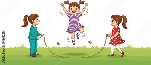 Happy children playing jump rope game, kids outdoor playground activity cartoon vector illustration, childhood fun exercise and friendship concept