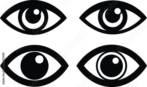 Four stylized eye illustrations in black and white