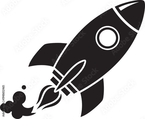 A minimalist black rocket ship icon with white detailing illustrating a swift launch or upward ascent on transparent background