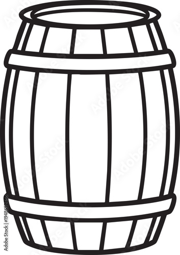 A simple black outline drawing illustrates a traditional wooden barrel often used for storing liquids on transparent background.