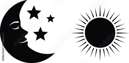 Day and night astronomical symbols with moon stars and sun