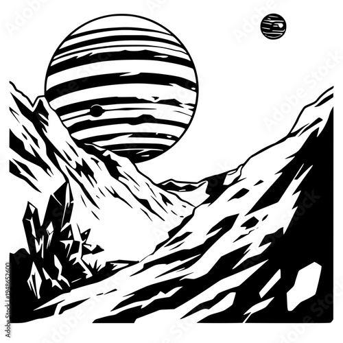 High-contrast black vector of an alien world. Features a massive ringed planet looming over a jagged mountain valley with crystalline rock formations. The stark linework evokes a sense of vast