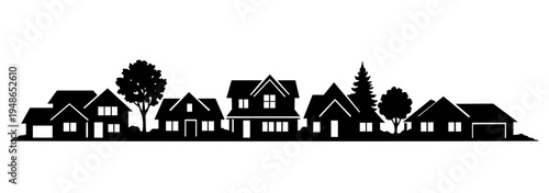 black vector silhouette of a suburban street. The illustration features a row of diverse residential houses with peaked roofs, interspersed with leafy trees and evergreens, panoramic skyline.