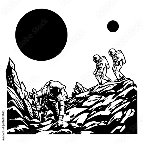 black vector of three astronauts climbing a jagged, rocky alien landscape. Two black celestial bodies hang in the sky above the steep peaks, creating a stark and adventurous atmosphere of deep space