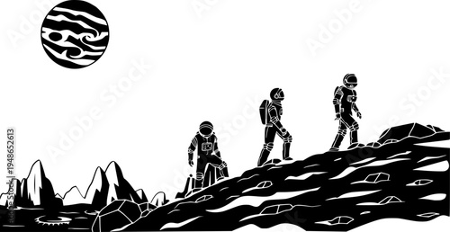 High-contrast black vector of three astronauts traversing a rocky alien lunar surface. The scene features a swirling planet in the sky and jagged mountain peaks, capturing a sense of discovery