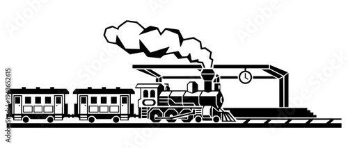 black vector of a vintage steam locomotive pulling two passenger carriages. The scene includes a station platform with a clock, capturing the classic aesthetic of early 20th-century rail travel.