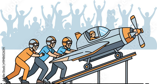 Team Pushing Small Propeller Plane on Launch Ramp, Aviation Adventure Illustration