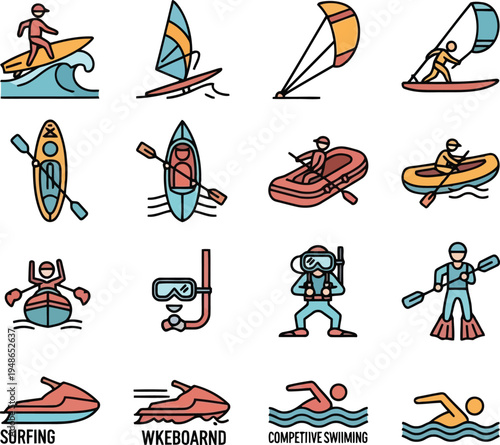 Vibrant Water Sports Icons Set for Marketing and Web Design
