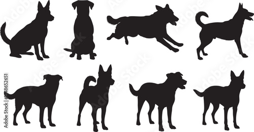 A collection of diverse dog silhouettes showcasing various poses and breeds on transparent background