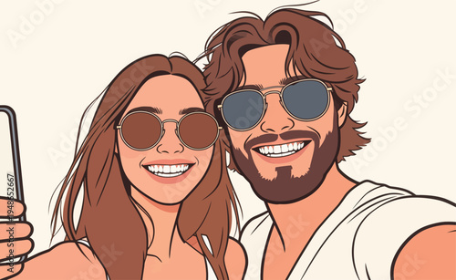Happy couple takes self-portrait while enjoying sunny day together in casual setting