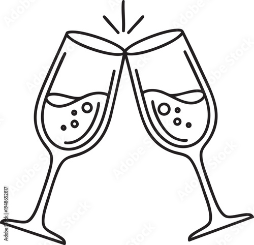Two stylized champagne flutes filled with bubbly liquid clinking together in a celebratory toast on transparent background