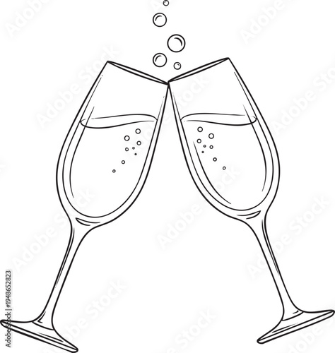 Two outline champagne glasses clinking together with bubbles rising in a celebratory toast on transparent background