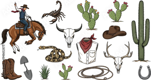 Western cowboy and desert elements illustration