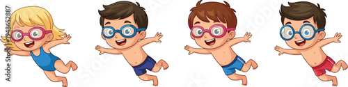 Happy kids swimming with goggles, cute children swimmers cartoon vector set, boys and girl enjoying water sport activity