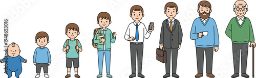 Human life stages from baby to elderly man, aging process timeline cartoon vector illustration showing growth and life cycle