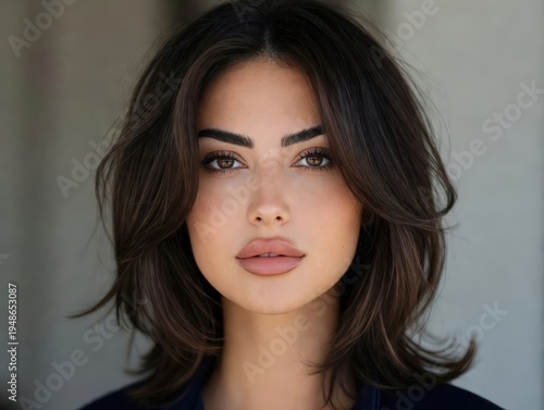 Portrait of Woman with Dark Brown Layered Shoulder Length Hairstyle