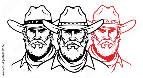 Trio of Cowboys with Hats and Beards