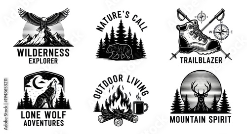 Vintage Outdoor Adventure Emblem Set: Wilderness Explorer, Nature's Call, Trailblazer, Lone Wolf, Outdoor Living, Mountain Spirit