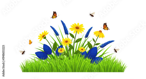 Vibrant Summer Meadow with Yellow Flowers, Blue Leaves, Butterflies, and Bees