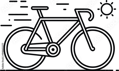 A dynamic line art illustration portrays a bicycle in motion under a bright sun, symbolizing eco-friendly travel and outdoor activity.