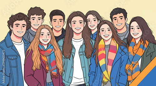 Group of young people smiling together in casual clothes during a gathering in a bright setting