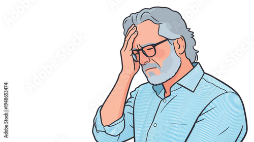 Man with gray hair holding his head in a gesture of stress in a setting with a light background
