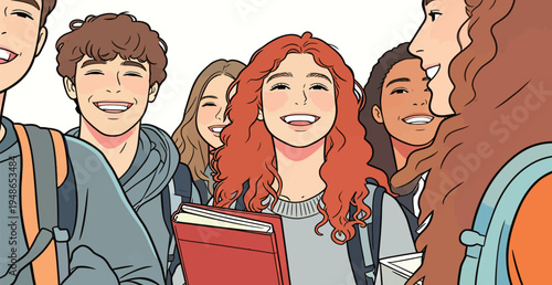 Students smiling and laughing together in a school setting during daytime in a relaxed atmosphere