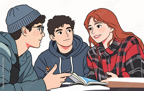 Students discuss ideas while studying together at a table during afternoon study session