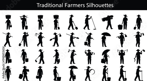 Traditional farmers silhouettes collection agriculture workers with tools rural farming people carrying baskets, hoes, rake and umbrella isolated illustration set for agriculture design