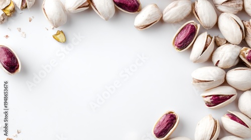 Shelled and unshelled nuts form a border on a bright white surface for copy space.