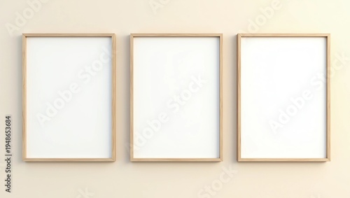 Three golden frames leaning on white floor in interior mockup. Template of pictures framed on a wall 3D rendering 