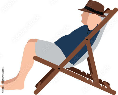 Relaxed man resting on wooden deck chair wearing hat, summer vacation leisure relaxation minimal flat vector illustration isolated beach holiday