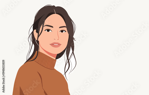 Woman with long hair wearing brown sweater looking at the viewer