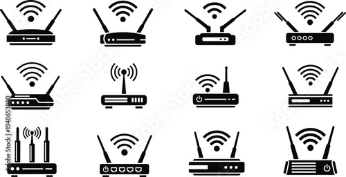 WiFi router icons collection wireless internet modem devices network connection symbols technology communication equipment set isolated black silhouettes for web and technology design