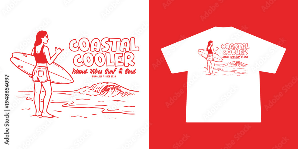Naklejka premium Hand-drawn Retro illustration of summer club, surfing Graphic Design for T shirt streetwear and urban style