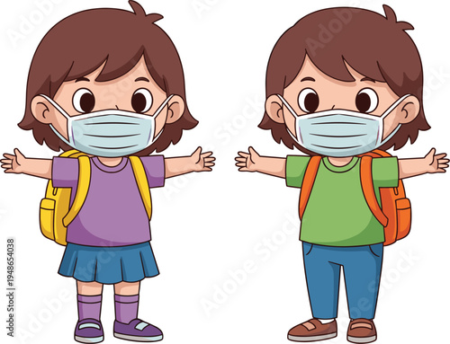 School children wearing face masks with backpacks, health safety concept cartoon vector illustration, kids protection during pandemic