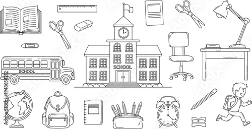 School education doodle icon set with classroom supplies school building bus backpack stationery learning elements outline vector illustration