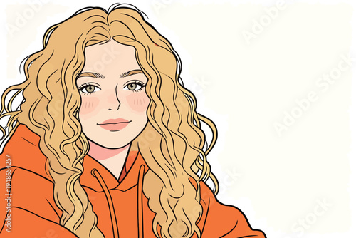 Girl with wavy hair wearing an orange hoodie looks at the viewer in a simple background
