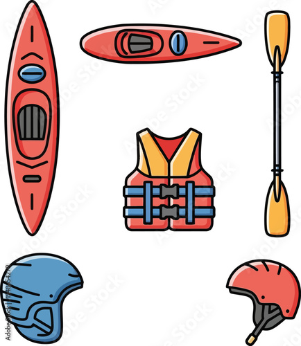 Illustrated Kayaking Gear Set with Safety Equipment Flat Vector Icons