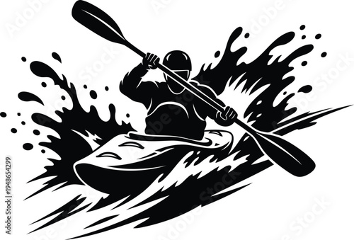 Dynamic Whitewater Kayaker Action Illustration for Adventure Sports Branding