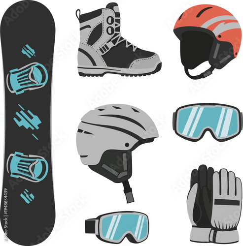 Snowboard Gear Set Illustration: Board, Boots, Helmet, Goggles, Gloves