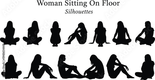 Woman sitting on floor silhouettes collection female figures in relaxed seated poses stylish lady body positions isolated illustration set for design and graphics