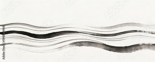 Monochrome abstract art with flowing ink brush strokes, creating wavy patterns on a white background. Modern minimalist design, suitable for decoration or texture purposes.