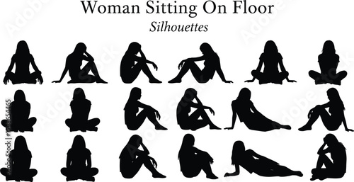 Woman sitting on floor silhouettes collection female figures in different seated poses relaxed lady body positions isolated illustration set for design and graphics
