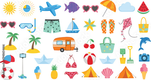 Summer vacation icons collection with beach, travel and holiday elements including sun, airplane, umbrella, palm tree, sunglasses and camping items