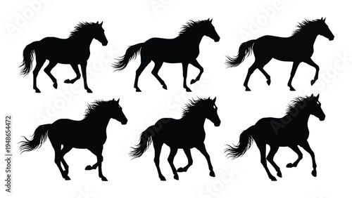 A series of six black horse silhouettes in various running postures on a white background