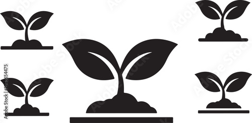 Black silhouettes of seedlings growing in various soil levels