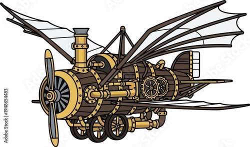 Steampunk Inspired Flying Machine Vector Illustration