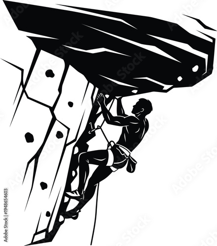 Climber ascending large industrial metal structure with safety harness